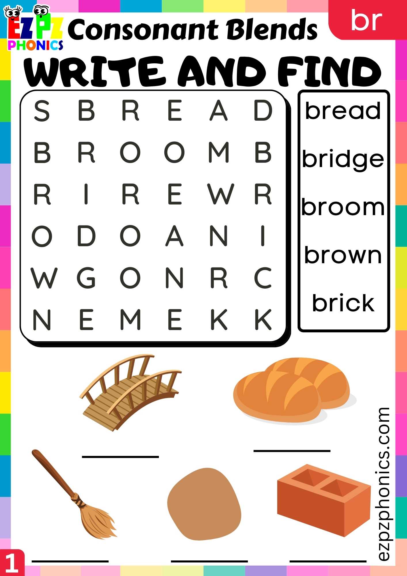 Group1 BR Words Write And Find Phonics Consonant Blends Worksheet